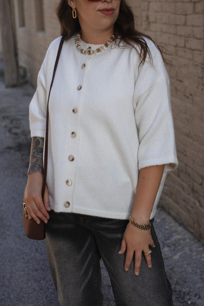 Lanie Short Sleeve Button Down Cardigan | White