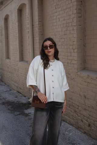 Lanie Short Sleeve Button Down Cardigan | White