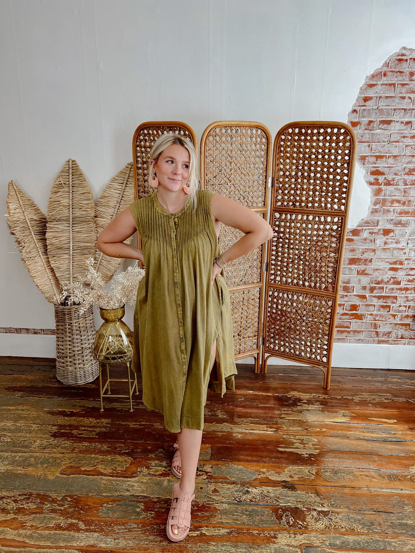 Walk My Way Pleat Button Dress