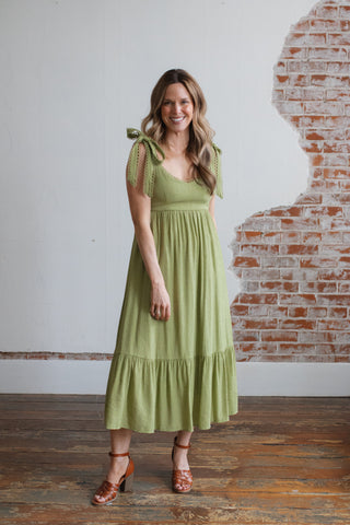 Effie Scallop Eyelet Tie Midi Dress