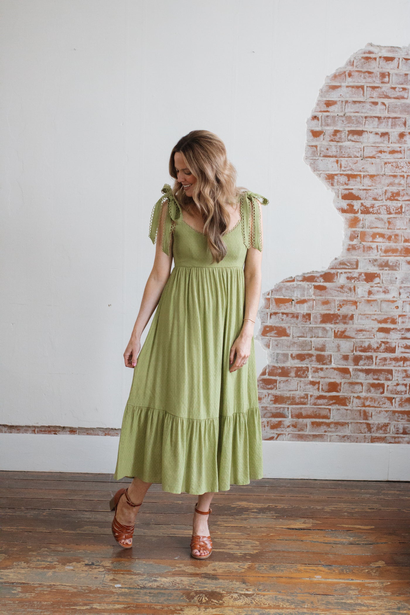 Effie Scallop Eyelet Tie Midi Dress