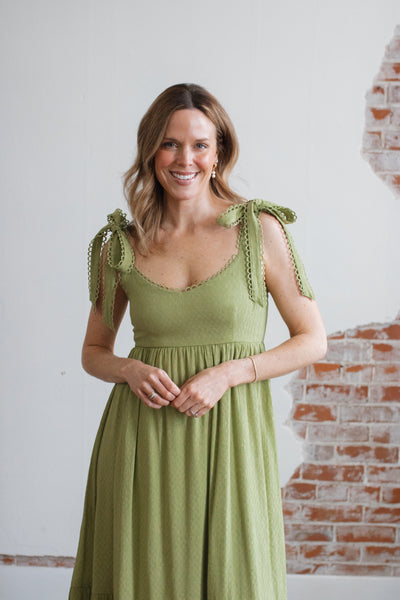 Effie Scallop Eyelet Tie Midi Dress