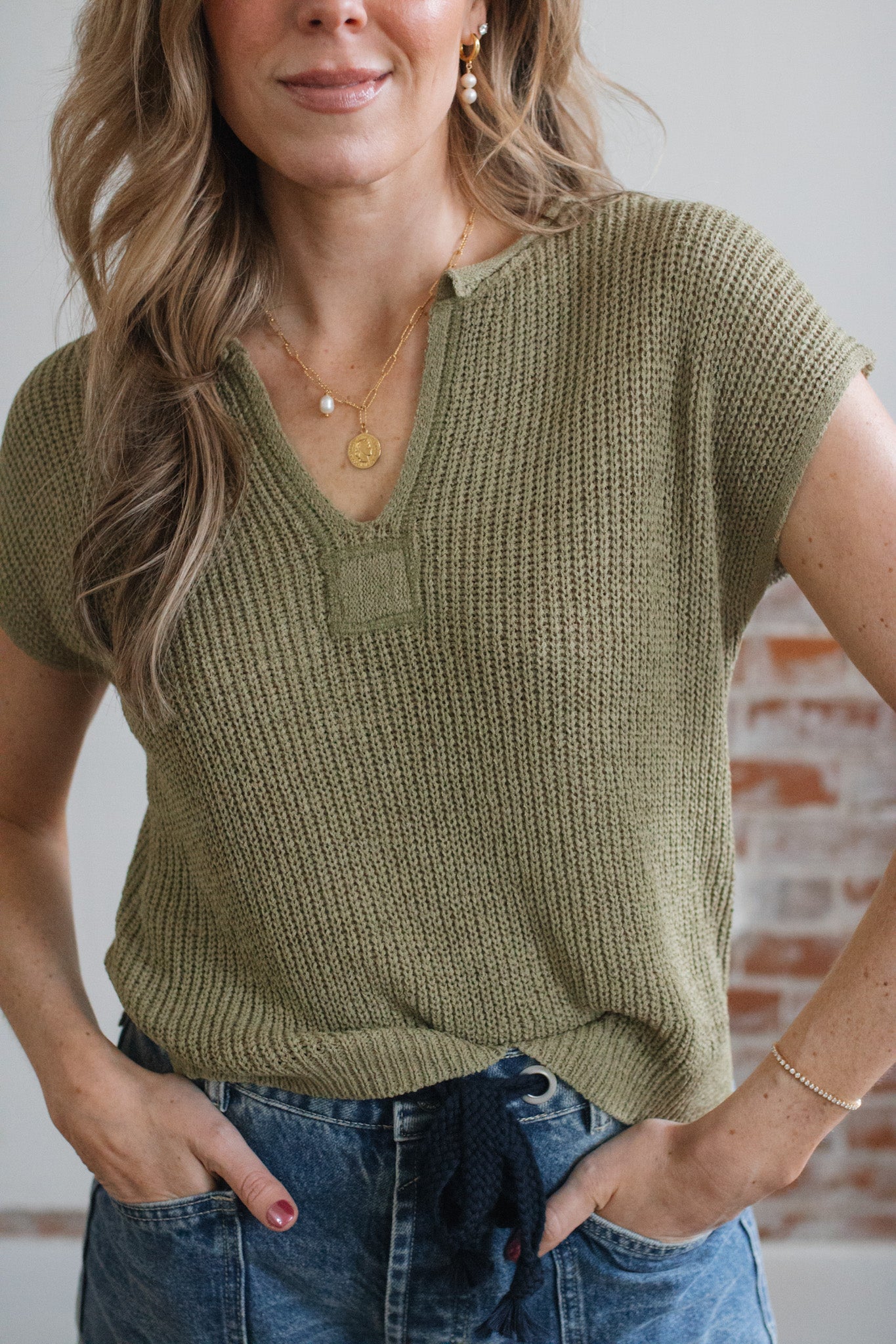 Remy Split Neck Knit Pullover | Light Olive