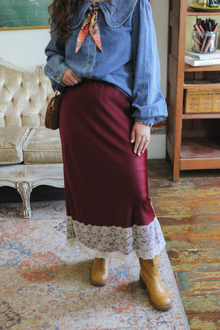 Ella Satin Lace Trim Midi Skirt