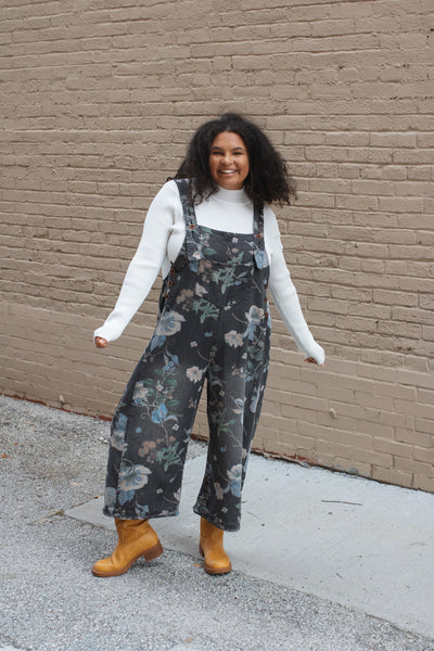 Rylee Washed Floral Oversized Overalls