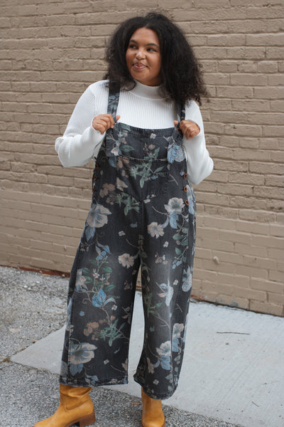 Rylee Washed Floral Oversized Overalls