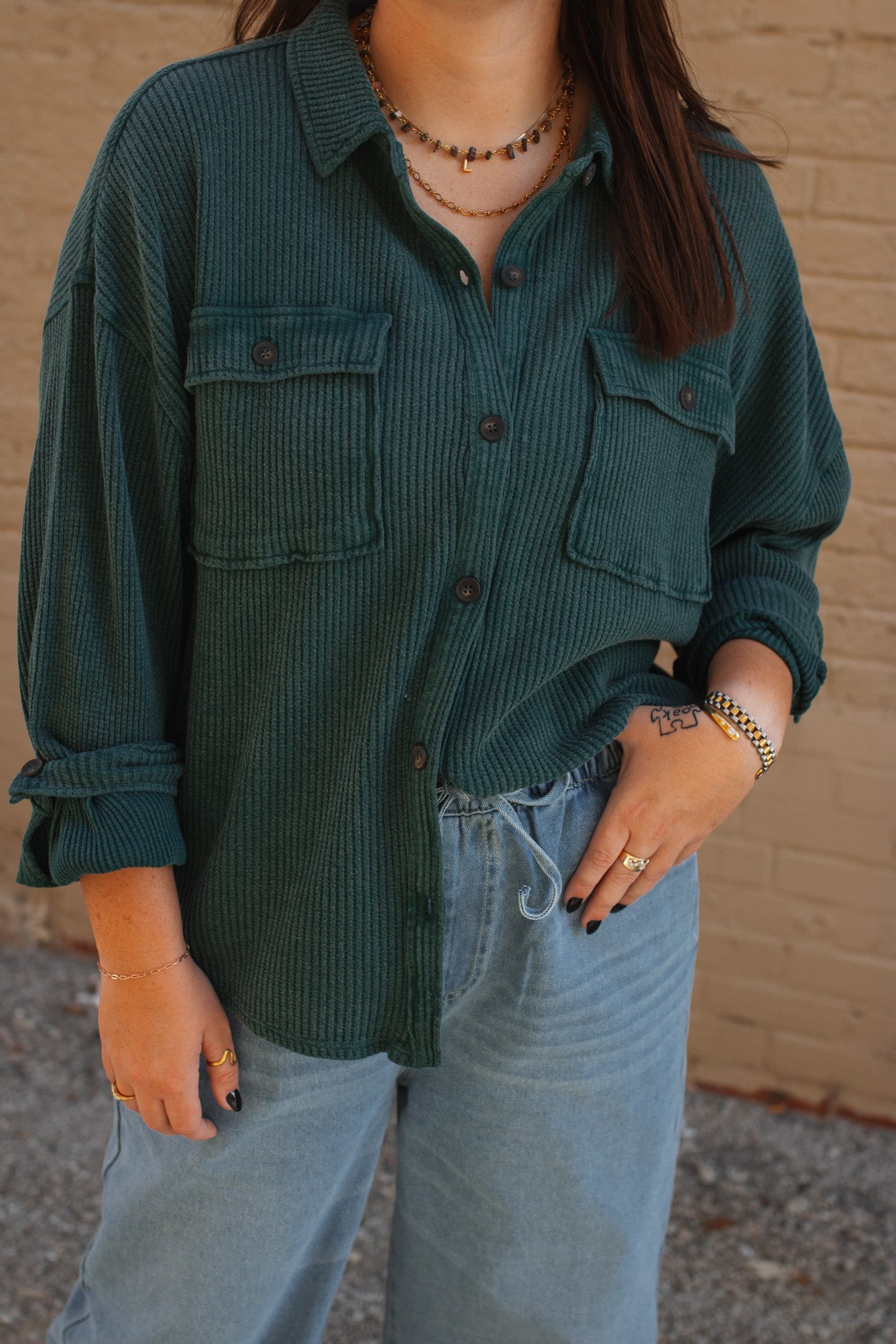 Libby Washed Waffle Knit Button-Up