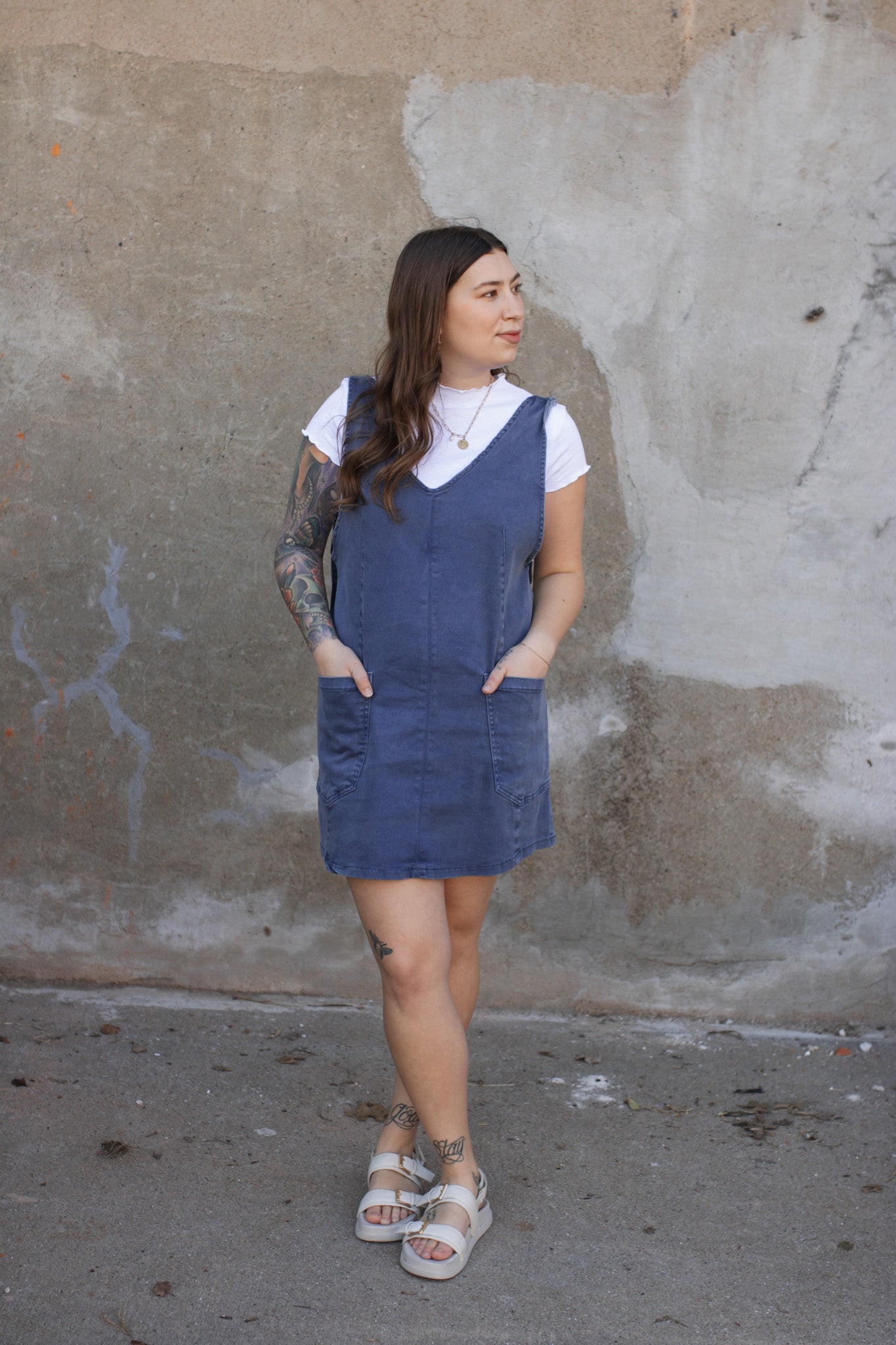 Ava Washed Denim Overall Dress