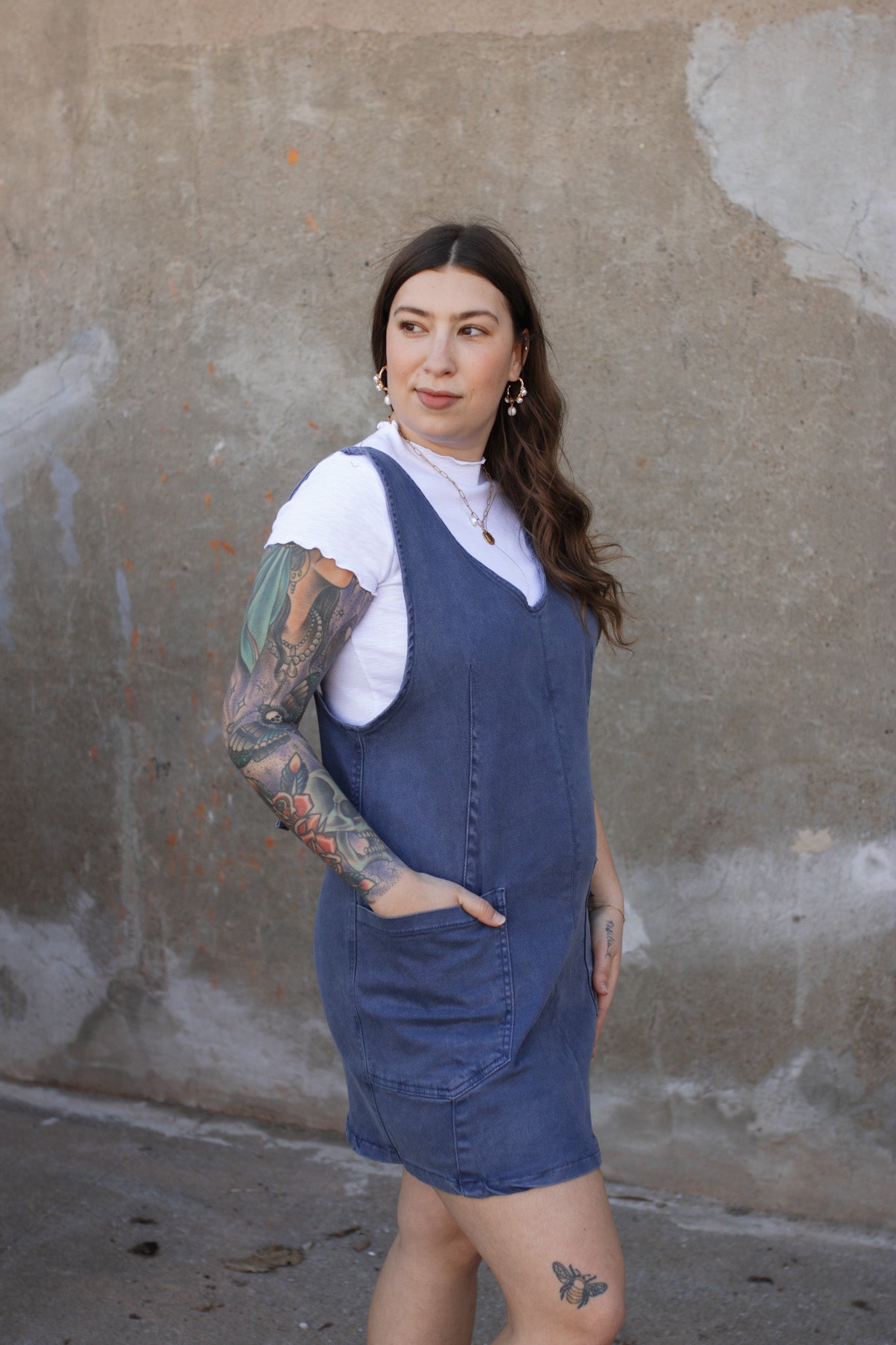 Ava Washed Denim Overall Dress