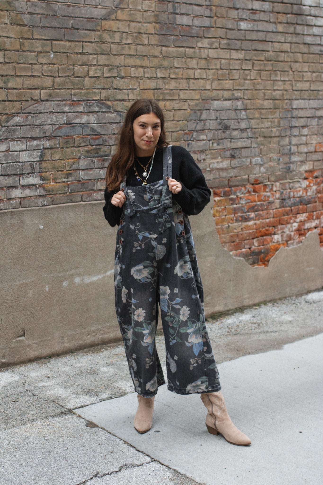Rylee Washed Floral Oversized Overalls