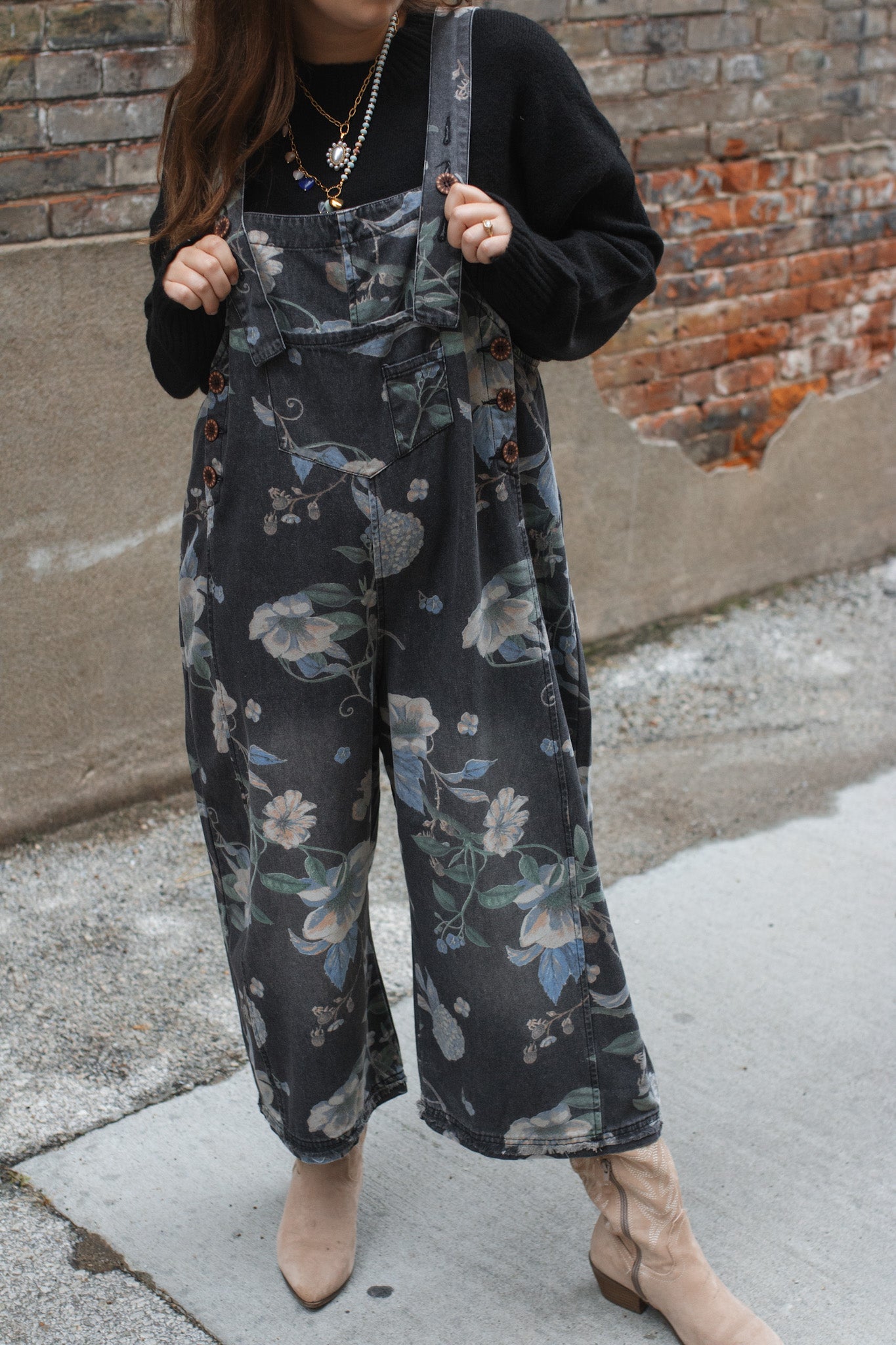 Rylee Washed Floral Oversized Overalls