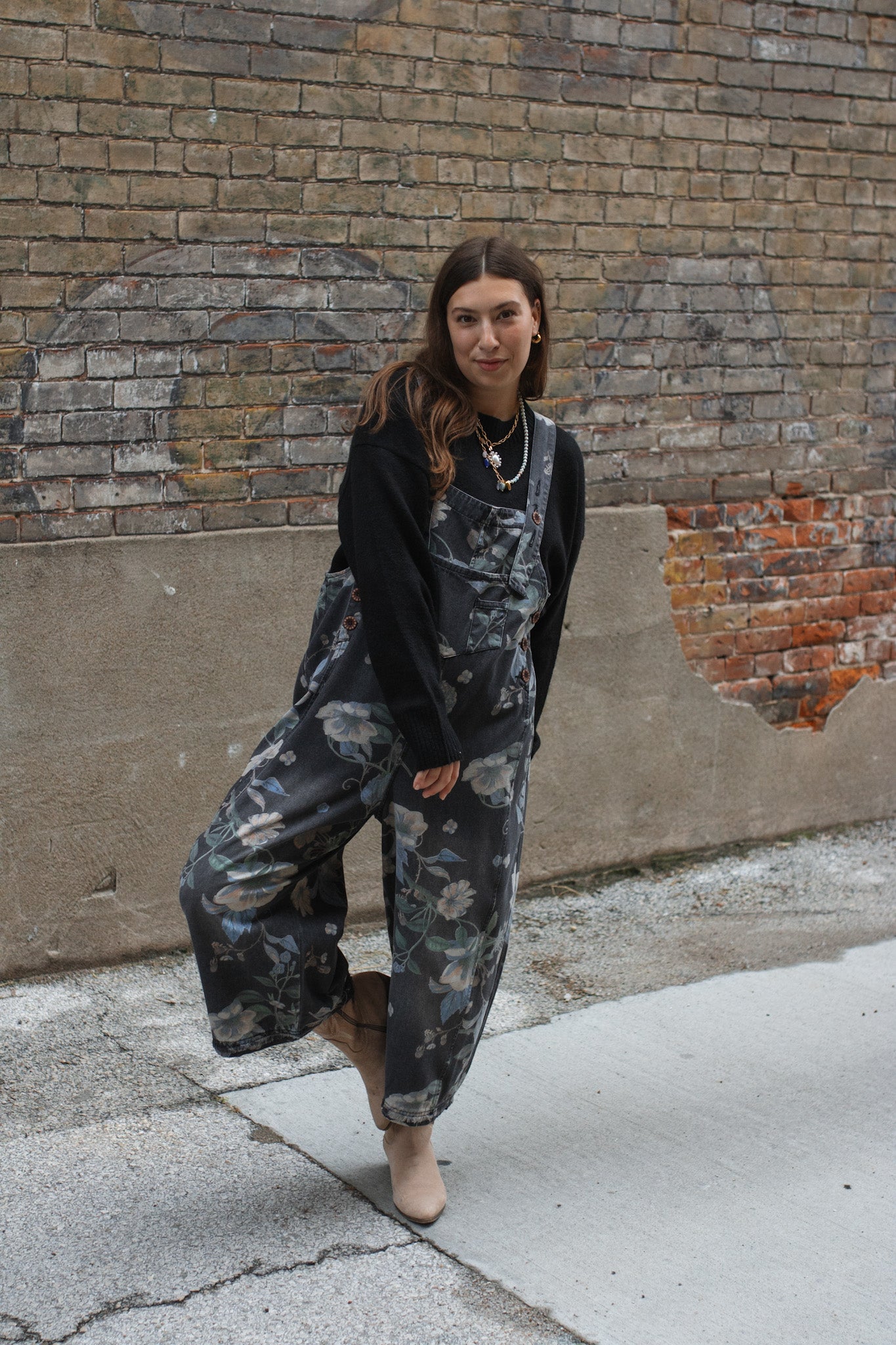 Rylee Washed Floral Oversized Overalls