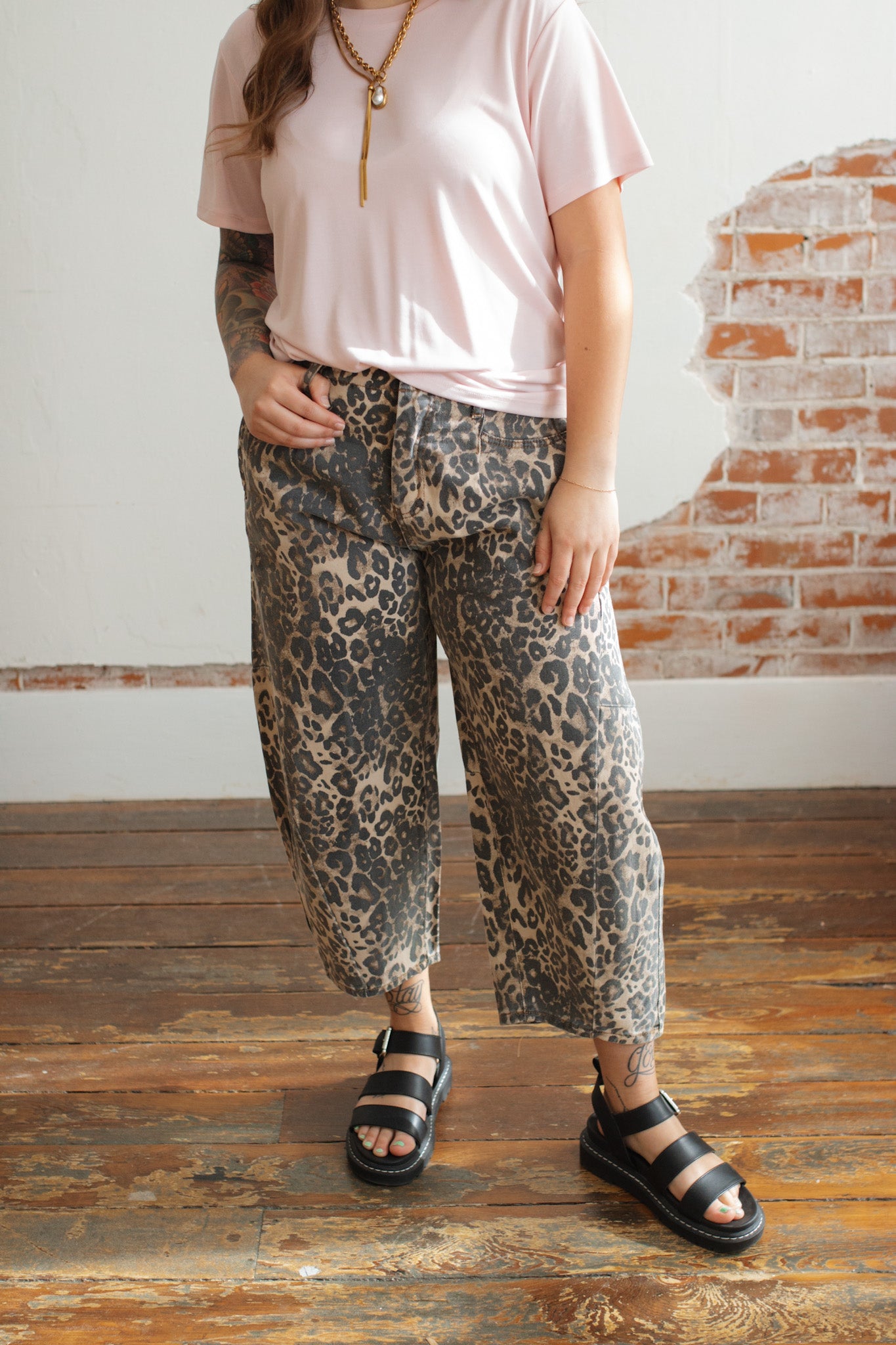 Camille Leopard Washed Barrel Jeans