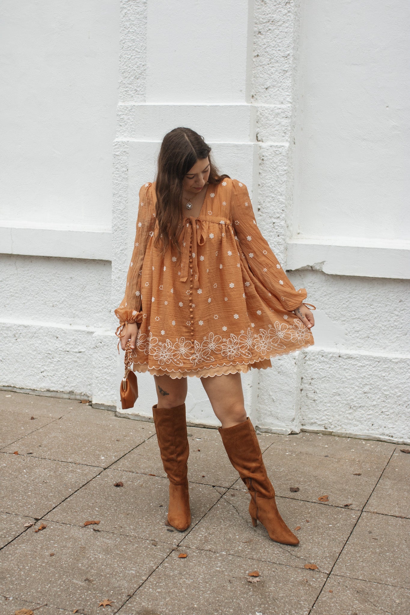 Janie Embroidered Tie-Front Mini Dress