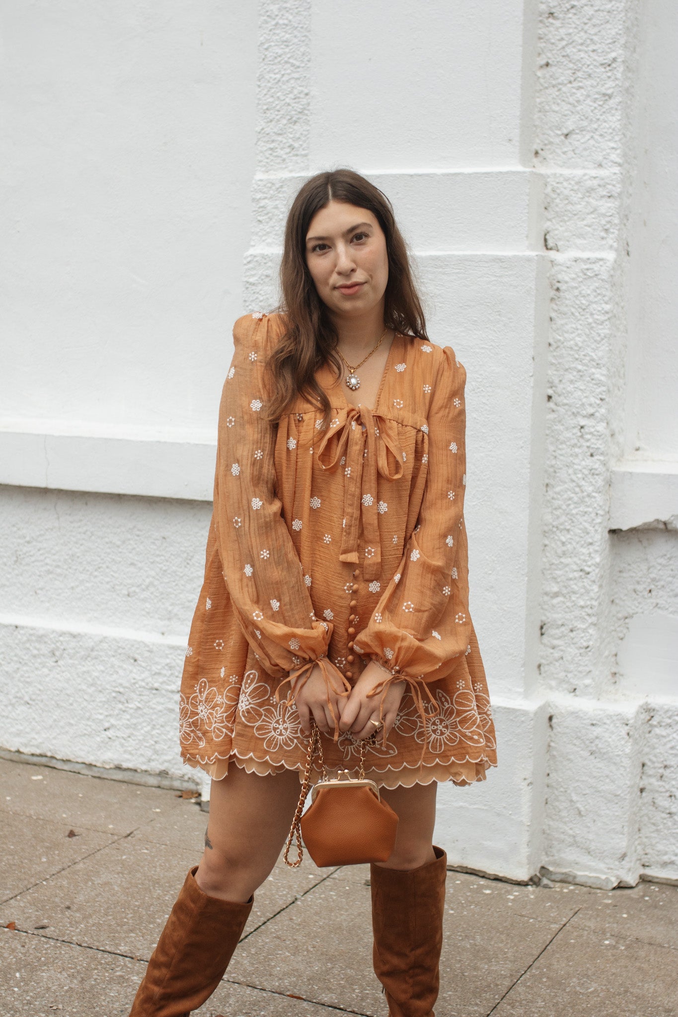 Janie Embroidered Tie-Front Mini Dress