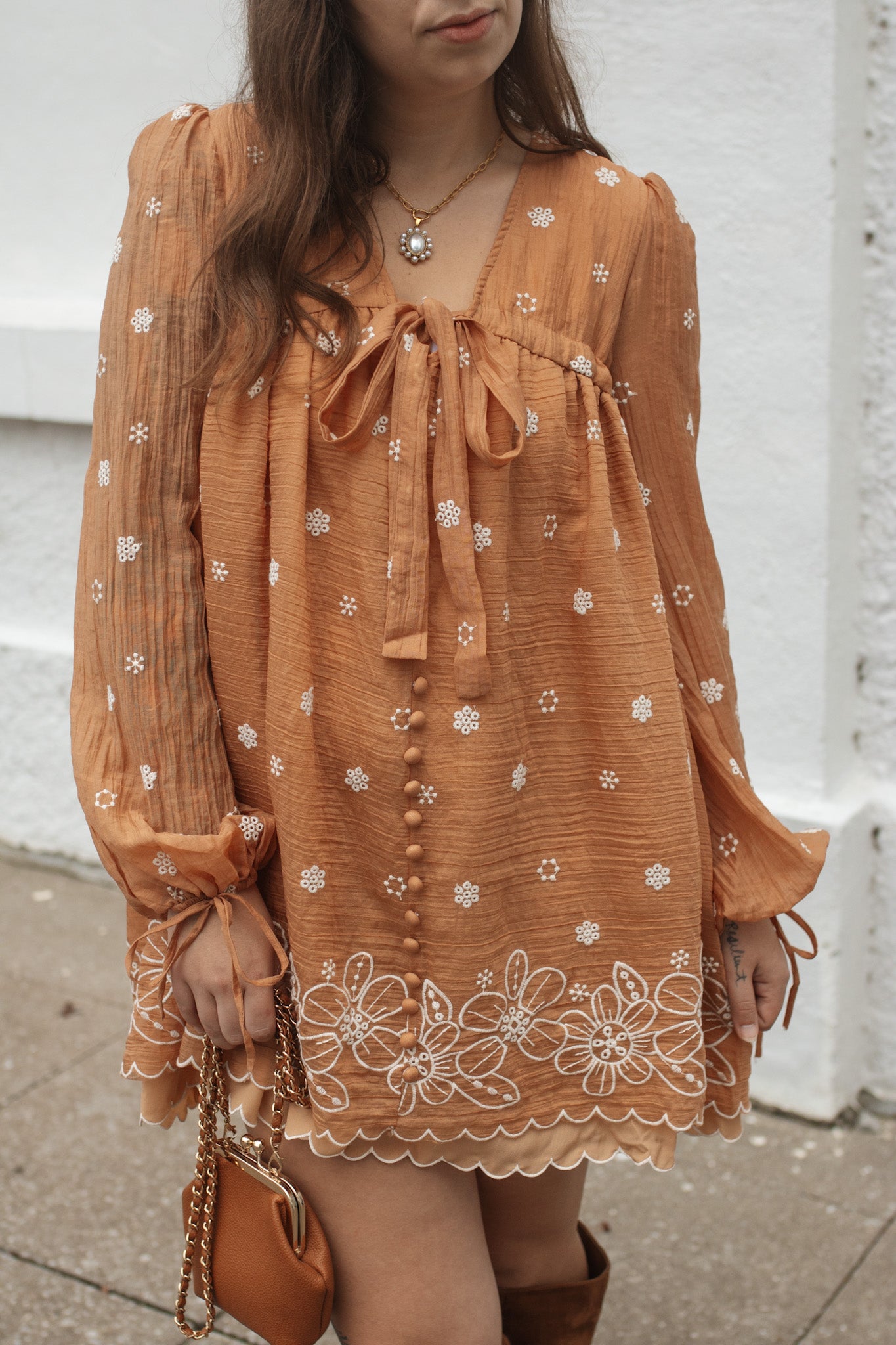 Janie Embroidered Tie-Front Mini Dress