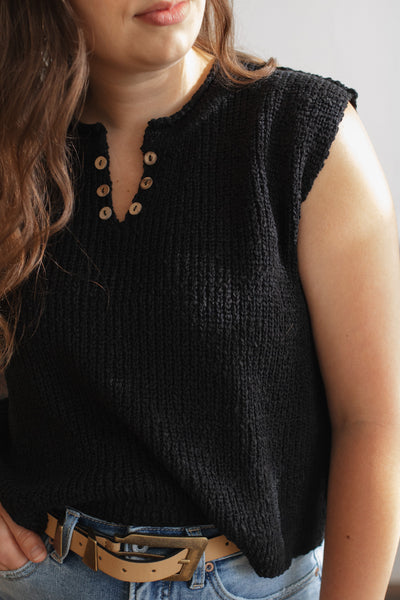 Mira Split Neck Knit Sweater Top | Black