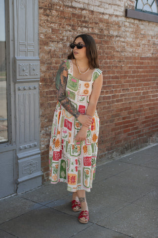 Daisy Fruit Stamp Midi Dress
