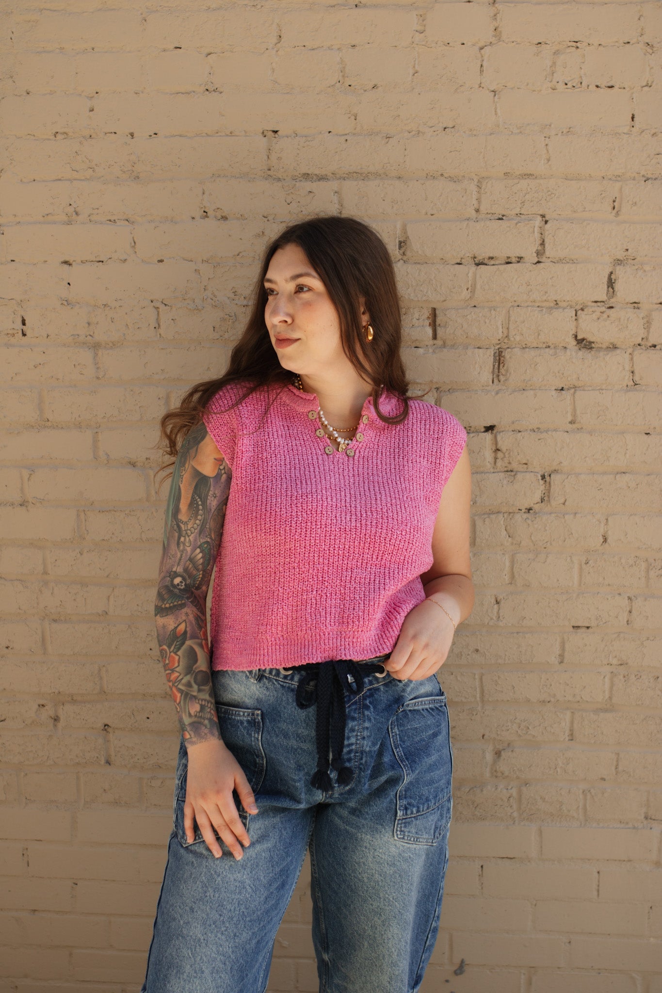 Mira Split Neck Knit Sweater Top | Pink