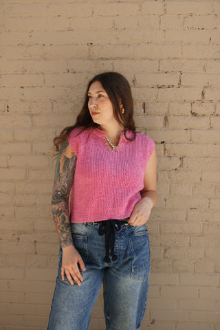 Mira Split Neck Knit Sweater Top | Pink