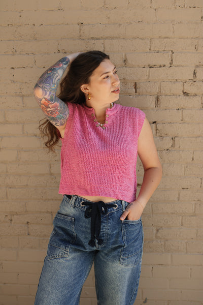 Mira Split Neck Knit Sweater Top | Pink