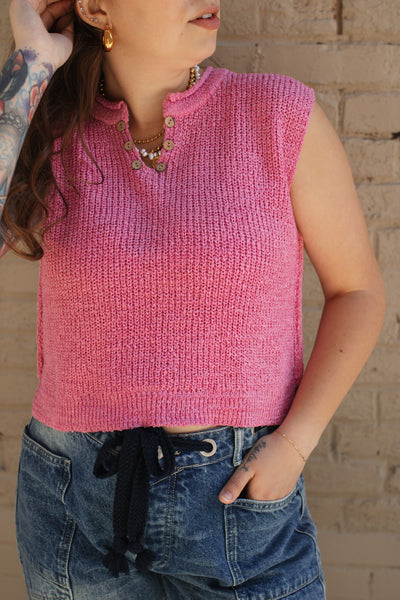 Mira Split Neck Knit Sweater Top | Pink