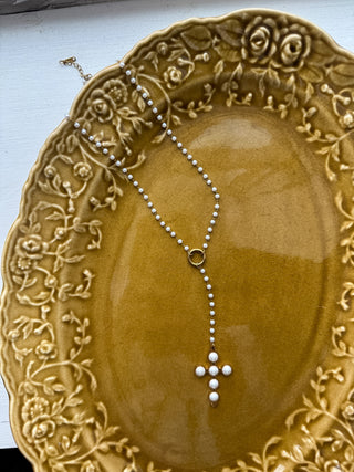 Hope Pearl Cross Lariat Necklace