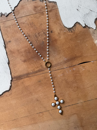 Hope Pearl Cross Lariat Necklace