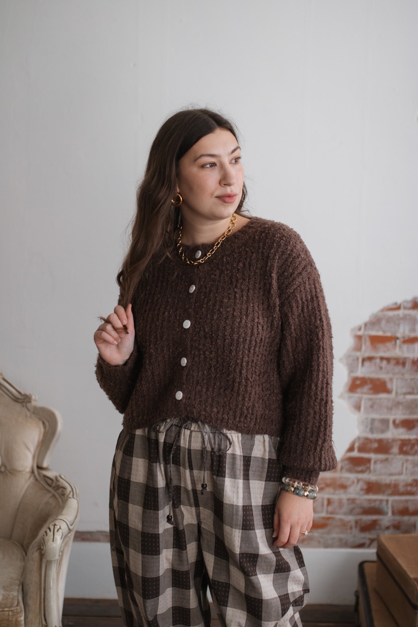Lina Textured Knit Cardigan - Chestnut