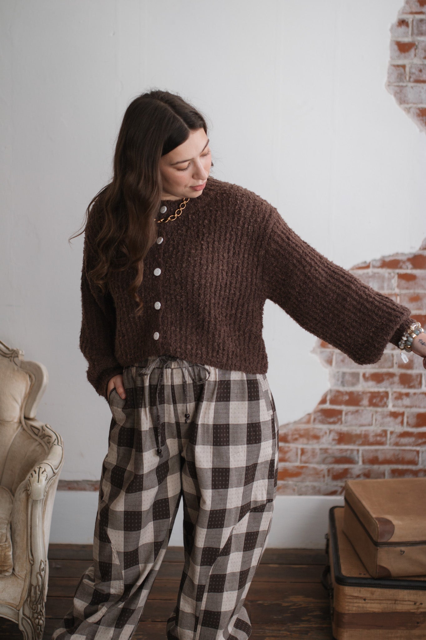 Lina Textured Knit Cardigan - Chestnut