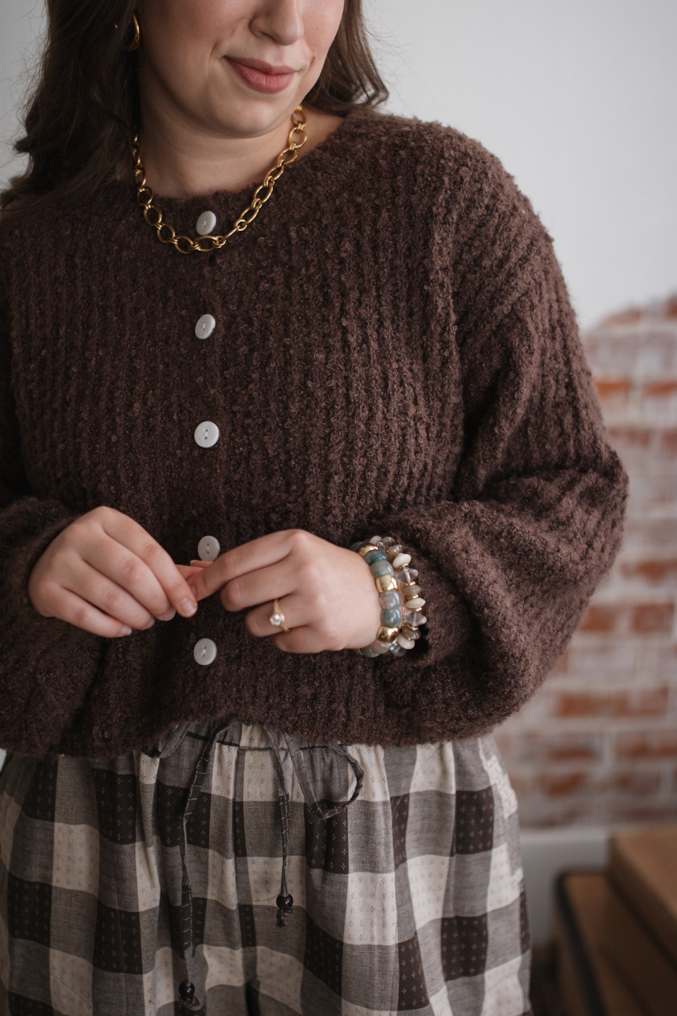 Lina Textured Knit Cardigan - Chestnut