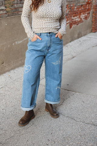 Kenna Embroidered Wide Leg Jeans