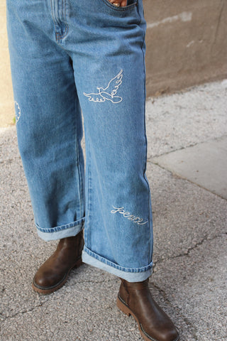 Kenna Embroidered Wide Leg Jeans