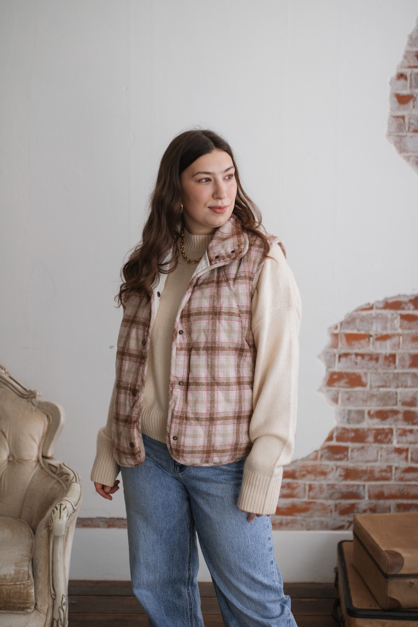 Emery Snap Button High Neck Vest | Blush