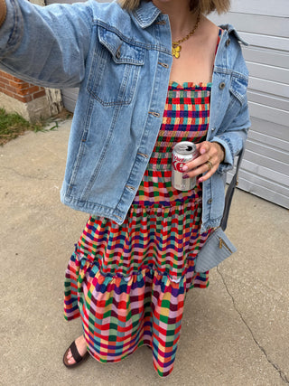 Dala Rainbow Gingham Smocked Maxi Dress
