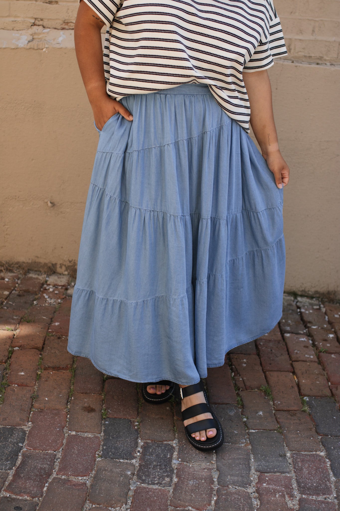 Tanner Denim Tiered Maxi Skirt