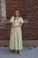 Lila Abstract Floral Puff Sleeve Midi Dress