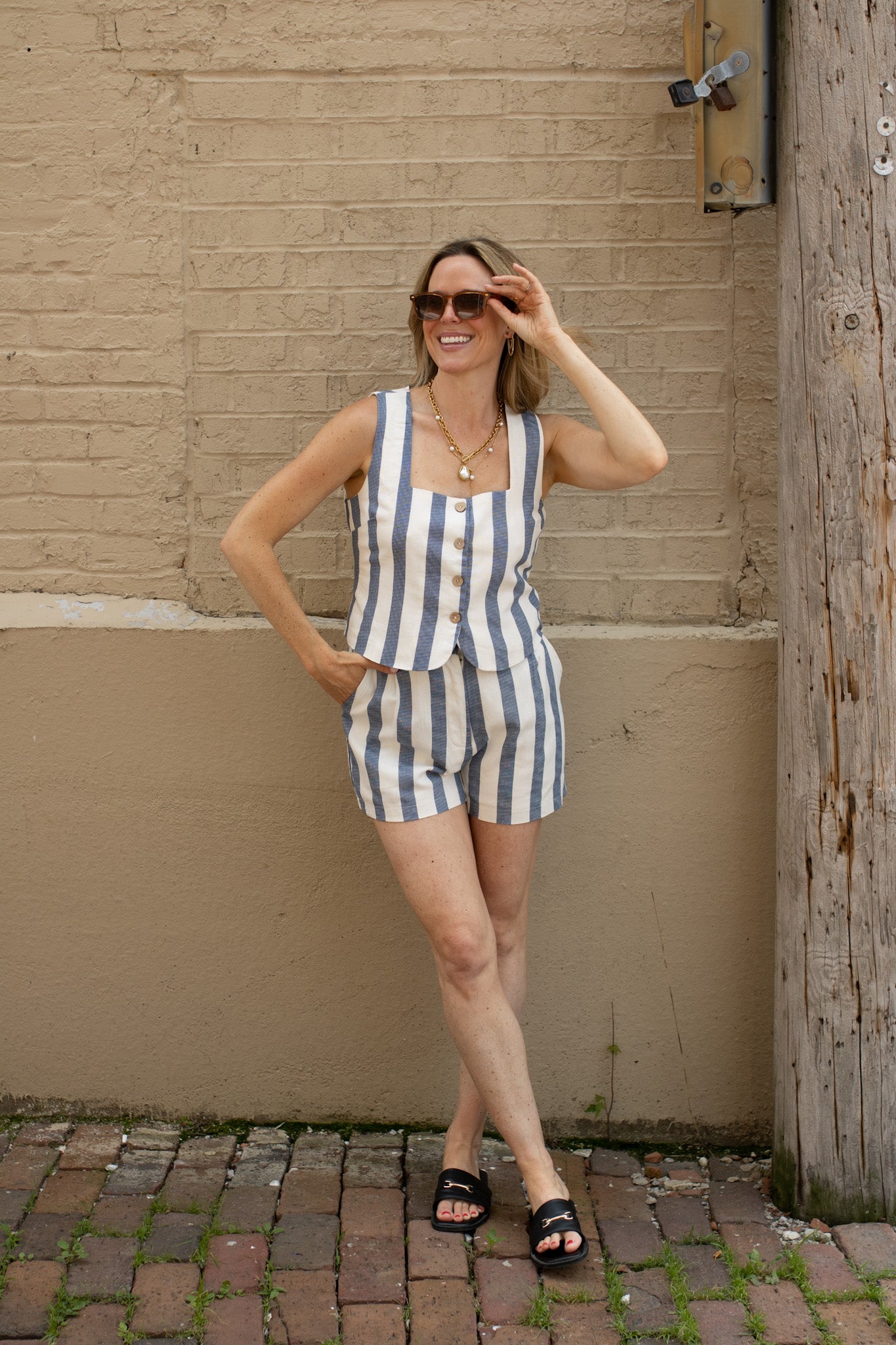 Caroline Striped Button Down Shorts Set