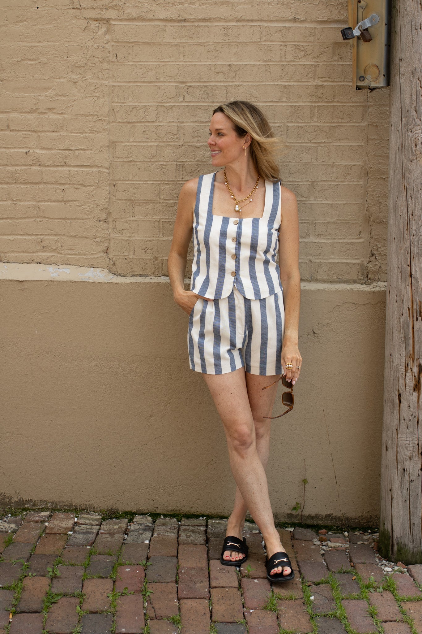 Caroline Striped Button Down Shorts Set
