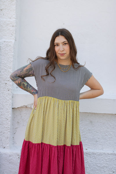 Mabel Colorblock Gingham Maxi Dress