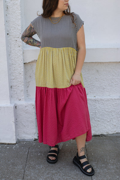 Mabel Colorblock Gingham Maxi Dress