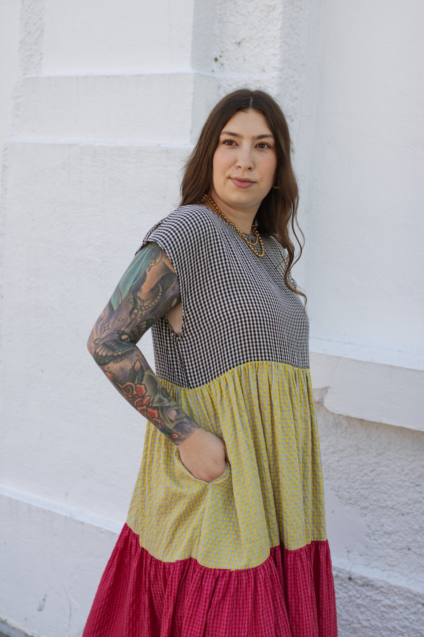 Mabel Colorblock Gingham Maxi Dress
