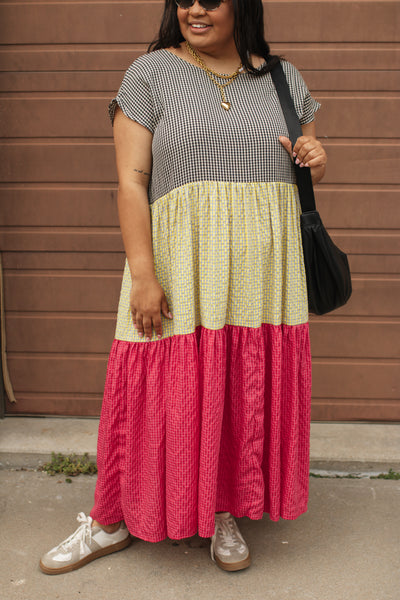 Mabel Colorblock Gingham Maxi Dress
