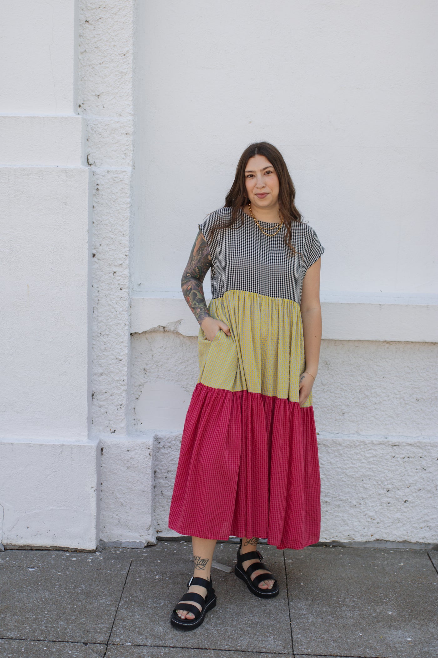 Mabel Colorblock Gingham Maxi Dress