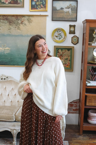 Relaxed knit sweater, women's crewneck pullover, soft lightweight sweater, everyday mom style, dropped shoulder knit, elevated basics, functional knitwear, breathable pullover.
