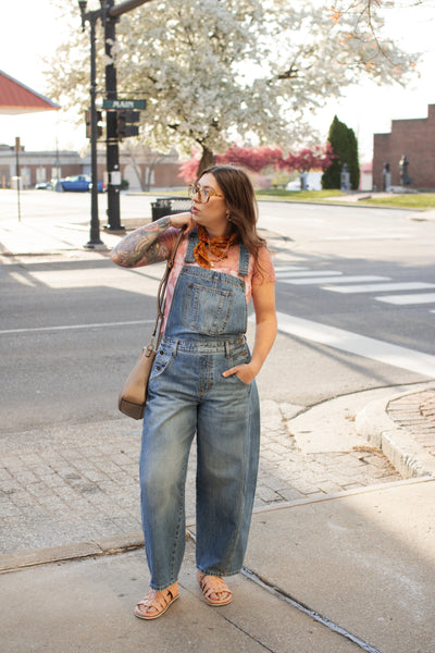 Meredith Medium Wash Barrel Overalls