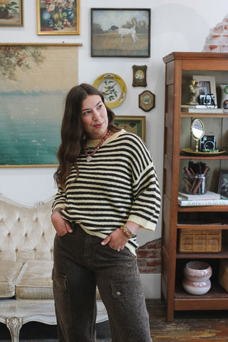 Mira Striped Sweater, Women’s Oversized Knitwear, Soft Striped Pullover, Relaxed Fit Crewneck, Casual Fall Outfits, Transitional Knitwear, Textured Striped Sweater, Everyday Casual Top.