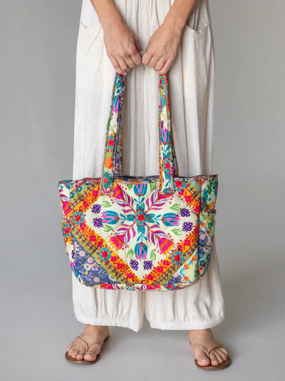 Heritage Folk Patchwork Reversible Puffy Tote Bag