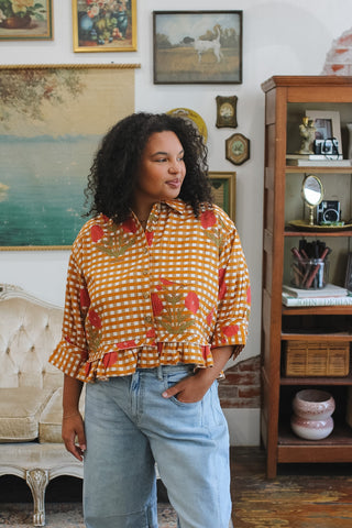 Ivy Jane, Gingham Shacket, Floral Shacket, Peplum Jacket, Women's Cotton Shacket, Ruffle Peplum Top, Cropped Shacket, Designer Casual Wear