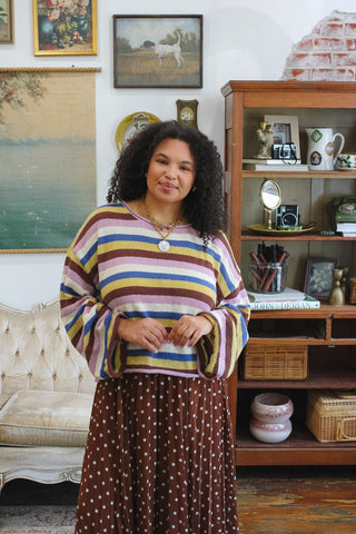 retro sweater, striped knitwear, colorful cropped sweater, vintage style sweater, women's lightweight sweater, boho fall fashion, multicolor stripes, relaxed fit sweater